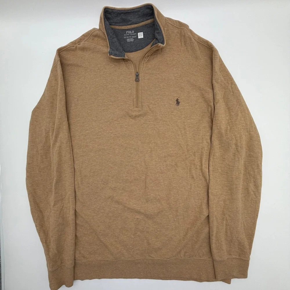 Polo Ralph Lauren Mens XLT Quarter Zip Pullover Tan Brown Heather Jersey Sweater
